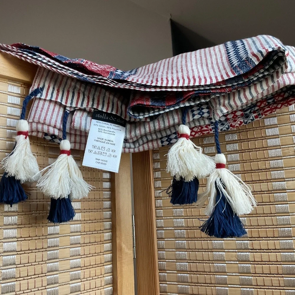 Stella & Dot Destination Scarf Indigo/Red Jacquard w/ Tassels